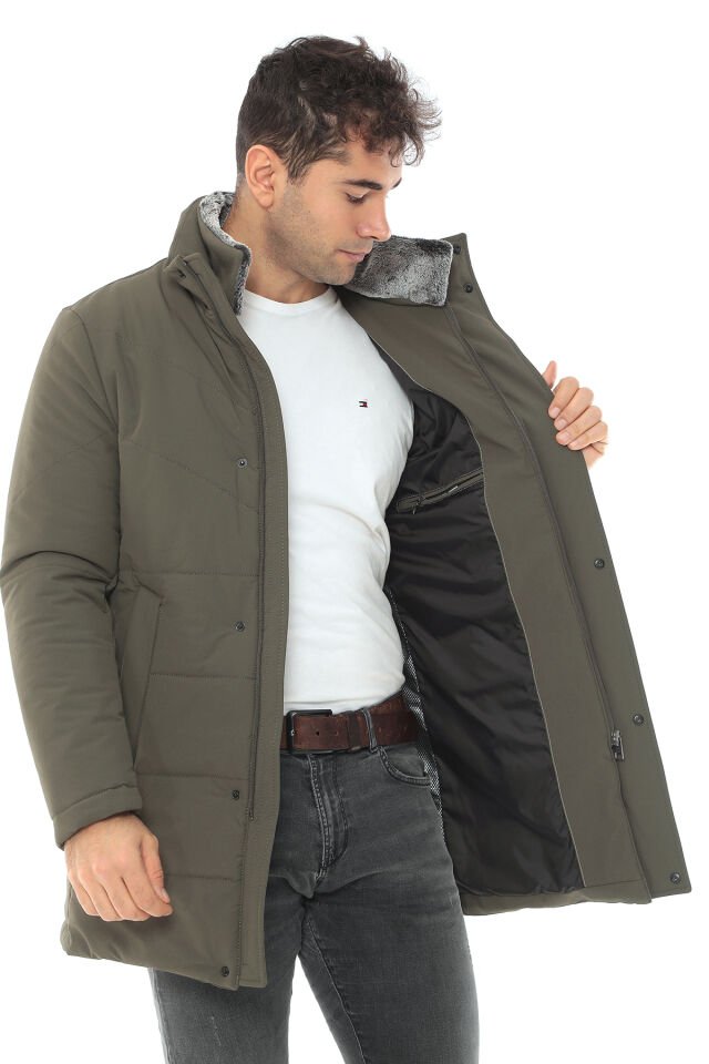 YAKA KÜRK ÇIKMALI LİKRALI ELYAF İŞLEMELİ UZUN KABAN