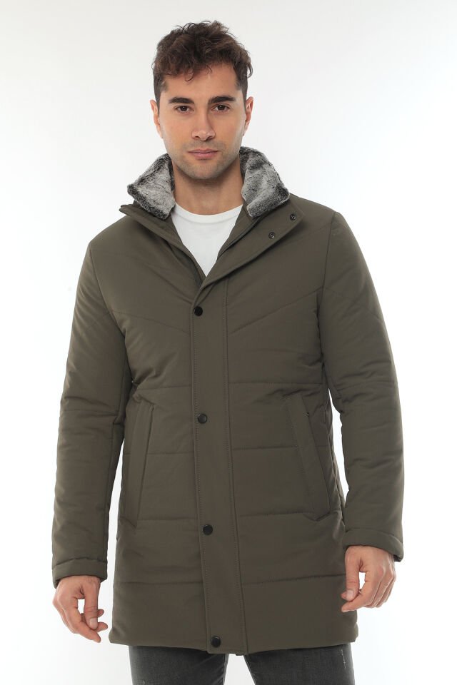 YAKA KÜRK ÇIKMALI LİKRALI ELYAF İŞLEMELİ UZUN KABAN