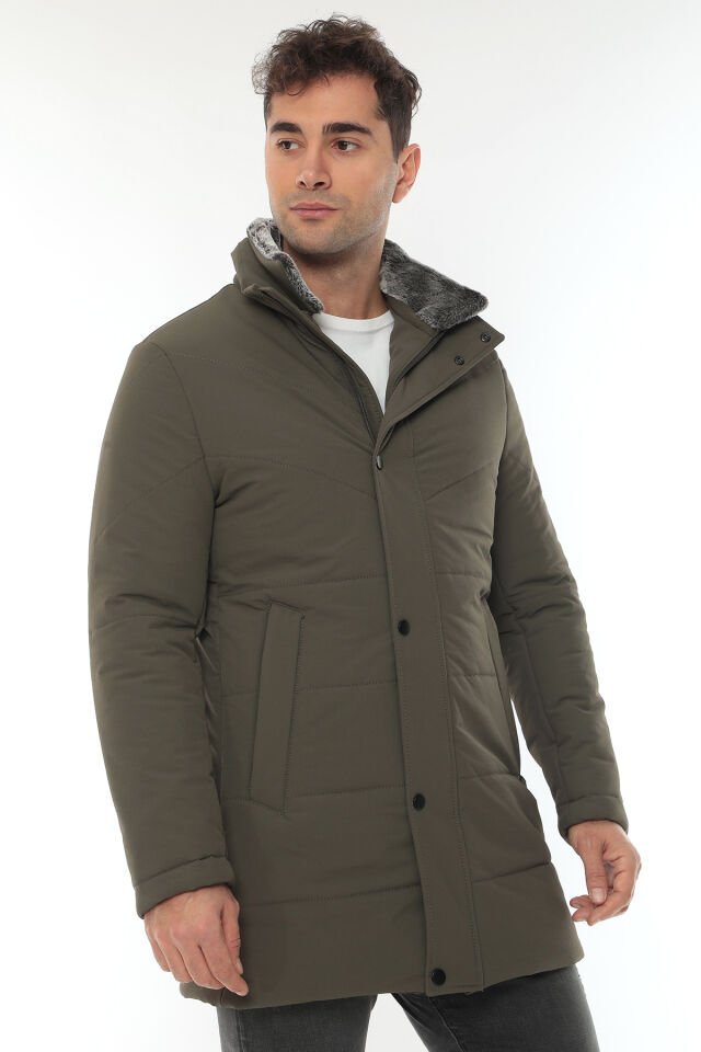 YAKA KÜRK ÇIKMALI LİKRALI ELYAF İŞLEMELİ UZUN KABAN