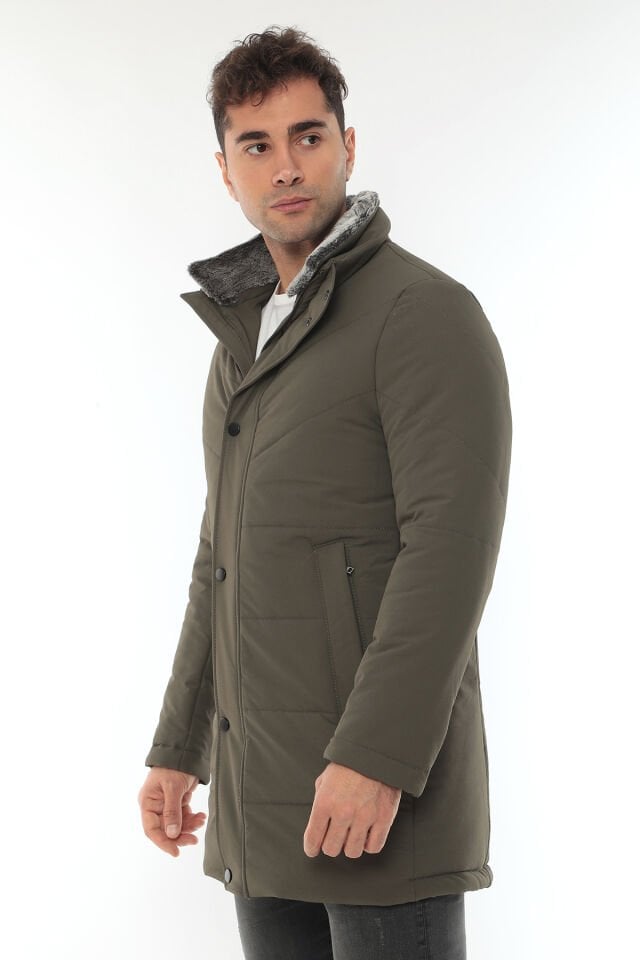 YAKA KÜRK ÇIKMALI LİKRALI ELYAF İŞLEMELİ UZUN KABAN