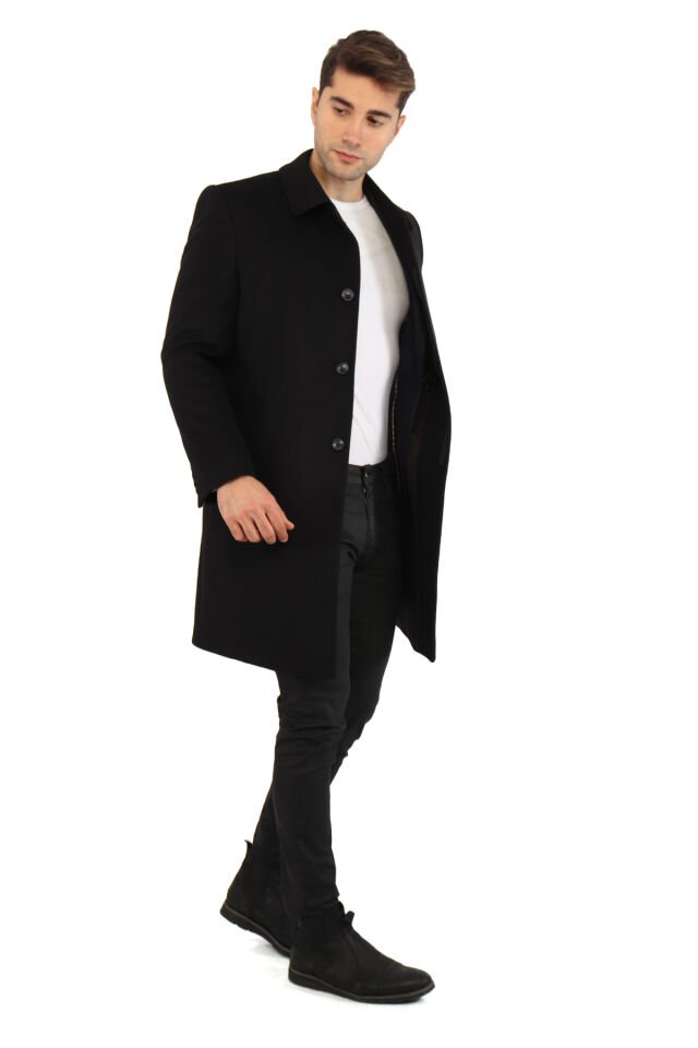 YÜN KARIŞIMLI KUMAŞ PALTO SİYAH - 48