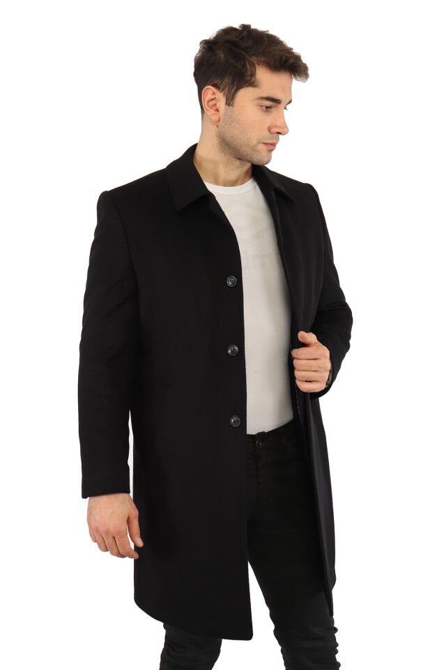 YÜN KARIŞIMLI KUMAŞ PALTO SİYAH - 48