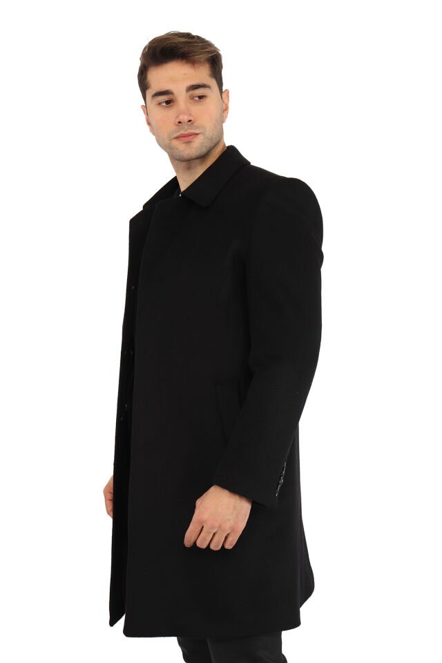YÜN KARIŞIMLI KUMAŞ PALTO SİYAH - 48