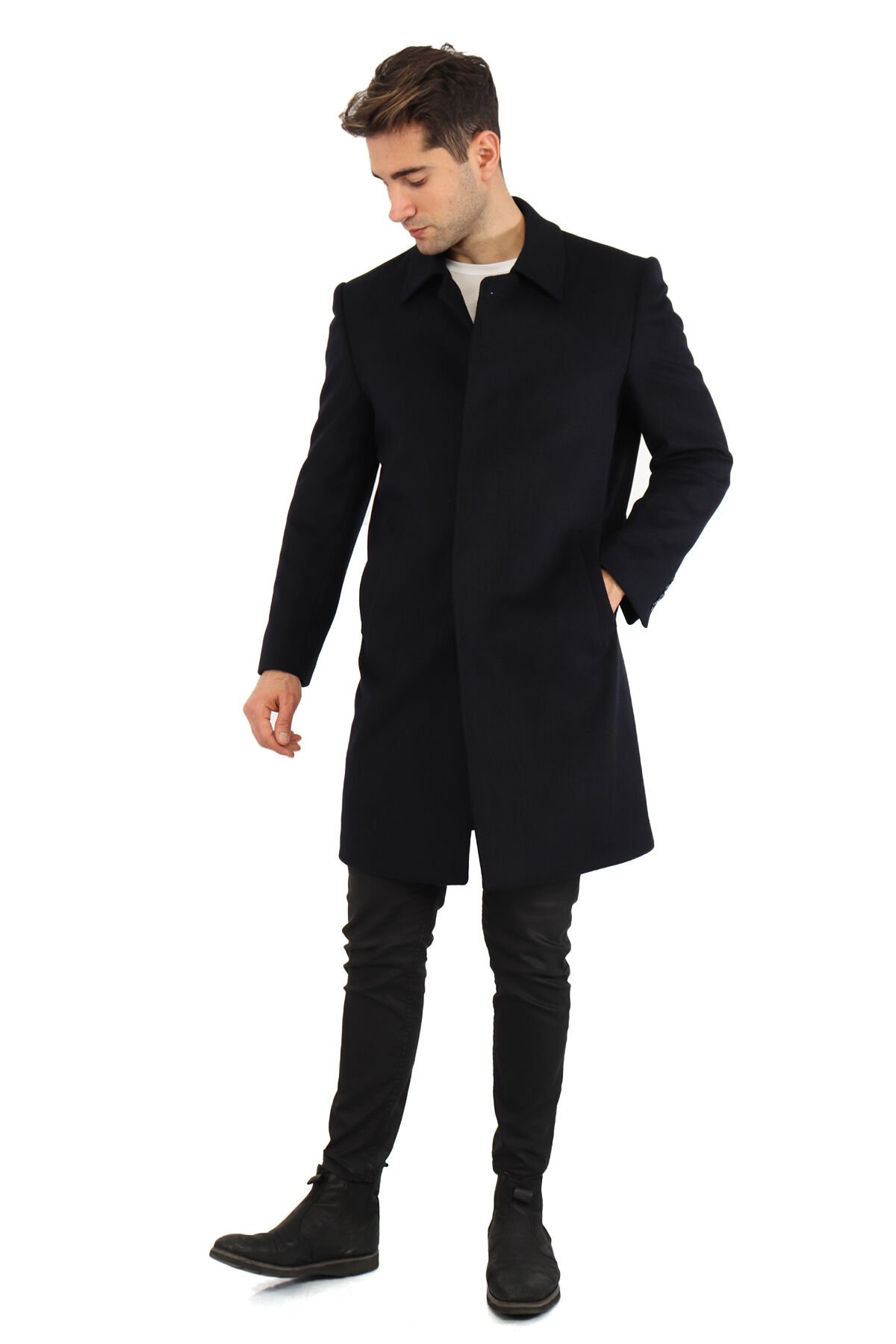 YÜN KARIŞIMLI KUMAŞ PALTO LACİVERT - 48